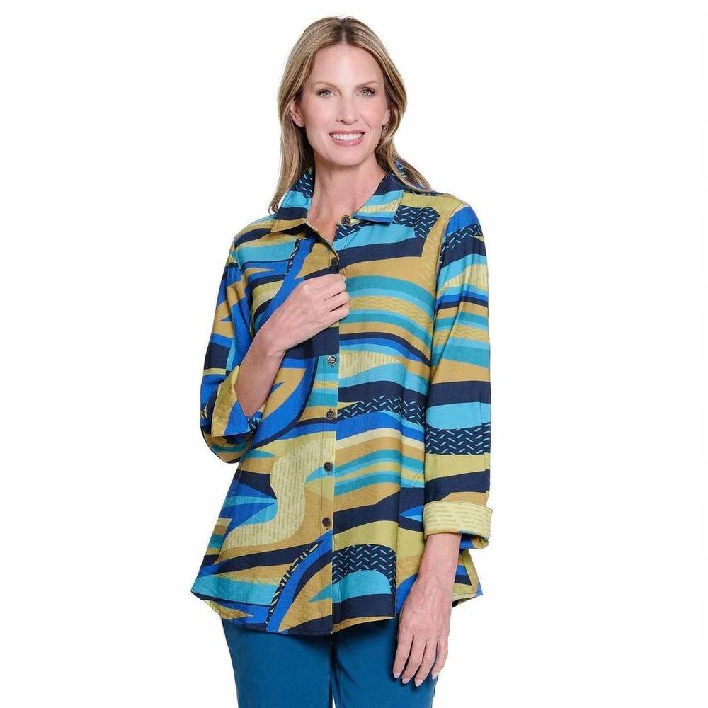 NEW MULTIPLES long sleeve blouse in turqoise / gold